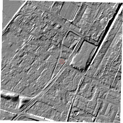 Shaded relief map of the ground around HU76BD, computed from Environment Agency LiDAR. The ground here sits at about 3 m above sea level and falls 8 m across the surrounding 800 m. Surface water reaching this point runs off ground lying to the north, 6.4 m higher.