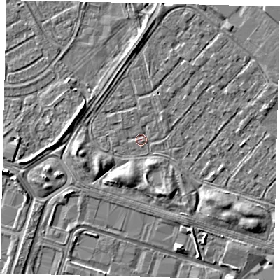 Shaded relief map of the ground around HU76BE, computed from Environment Agency LiDAR. The ground here sits at about 2 m above sea level and falls 4 m across the surrounding 800 m. Surface water reaching this point runs off ground lying to the north-east, 0.9 m higher.