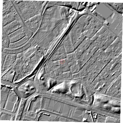 Shaded relief map of the ground around HU76BH, computed from Environment Agency LiDAR. The ground here sits at about 2 m above sea level and falls 7 m across the surrounding 800 m. Surface water reaching this point runs off ground lying to the south-south-east, 3.4 m higher.