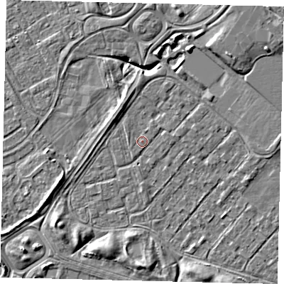 Shaded relief map of the ground around HU76BJ, computed from Environment Agency LiDAR. The ground here sits at about 2 m above sea level and falls 8 m across the surrounding 800 m. Surface water reaching this point runs off ground lying to the north-east, 6.7 m higher.