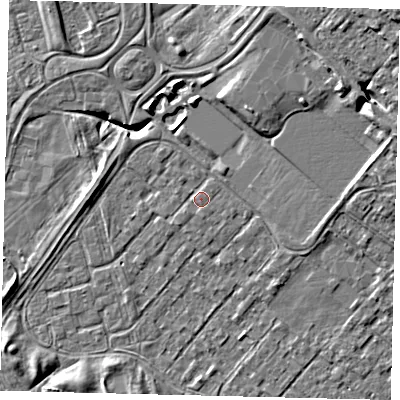 Shaded relief map of the ground around HU76BP, computed from Environment Agency LiDAR. The ground here sits at about 2 m above sea level and falls 10 m across the surrounding 800 m. The ground contributing surface water to this point lies to the south.