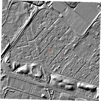 Shaded relief map of the ground around HU76BQ, computed from Environment Agency LiDAR. The ground here sits at about 1 m above sea level and falls 8 m across the surrounding 800 m. Surface water reaching this point runs off ground lying to the south-west, 0.7 m higher.