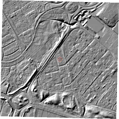 Shaded relief map of the ground around HU76BS, computed from Environment Agency LiDAR. The ground here sits at about 2 m above sea level and falls 7 m across the surrounding 800 m. Surface water reaching this point runs off ground lying to the north-east, 6.5 m higher.