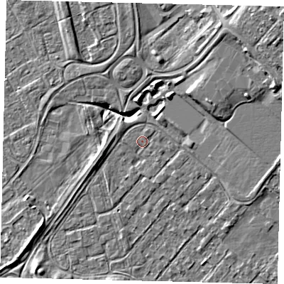 Shaded relief map of the ground around HU76BW, computed from Environment Agency LiDAR. The ground here sits at about 2 m above sea level and falls 10 m across the surrounding 800 m. Surface water reaching this point runs off ground lying to the north-east, 9.6 m higher.