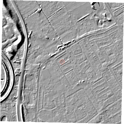 Shaded relief map of the ground around HU76DA, computed from Environment Agency LiDAR. The ground here sits at about 2 m above sea level and falls 9 m across the surrounding 800 m. Surface water reaching this point runs off ground lying to the south-east, 1.4 m higher.