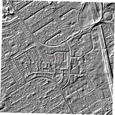 Shaded relief map of the ground around HU76DD, computed from Environment Agency LiDAR. The ground here sits at about 2 m above sea level and falls 4 m across the surrounding 800 m. The ground contributing surface water to this point lies to the north-west.