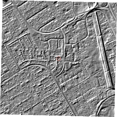 Shaded relief map of the ground around HU76DF, computed from Environment Agency LiDAR. The ground here sits at about 2 m above sea level and falls 2 m across the surrounding 800 m. Surface water reaching this point runs off ground lying to the north-west, 0.6 m higher.