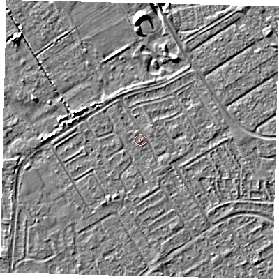Shaded relief map of the ground around HU76DH, computed from Environment Agency LiDAR. The ground here sits at about 2 m above sea level and falls 6 m across the surrounding 800 m. Surface water reaching this point runs off ground lying to the south-east, 0.6 m higher.