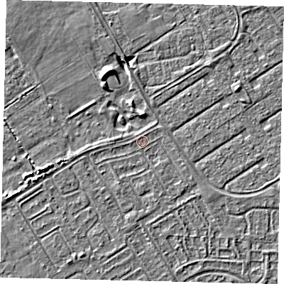 Shaded relief map of the ground around HU76DJ, computed from Environment Agency LiDAR. The ground here sits at about 2 m above sea level and falls 6 m across the surrounding 800 m. Surface water reaching this point runs off ground lying to the south, 1.0 m higher.