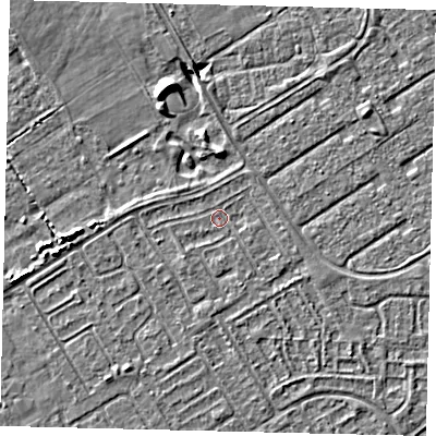 Shaded relief map of the ground around HU76DL, computed from Environment Agency LiDAR. The ground here sits at about 2 m above sea level and falls 6 m across the surrounding 800 m. Surface water reaching this point runs off ground lying to the south, 1.0 m higher.