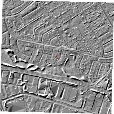Shaded relief map of the ground around HU76DP, computed from Environment Agency LiDAR. The ground here sits at about 2 m above sea level and falls 4 m across the surrounding 800 m. The ground contributing surface water to this point lies to the south-east.