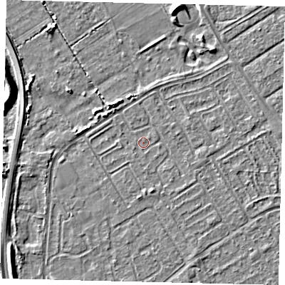 Shaded relief map of the ground around HU76DQ, computed from Environment Agency LiDAR. The ground here sits at about 2 m above sea level and falls 7 m across the surrounding 800 m. Surface water reaching this point runs off ground lying to the south-south-east, 1.1 m higher.