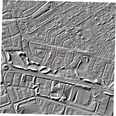 Shaded relief map of the ground around HU76DR, computed from Environment Agency LiDAR. The ground here sits at about 2 m above sea level and falls 4 m across the surrounding 800 m. Surface water reaching this point runs off ground lying to the west, 2.5 m higher.