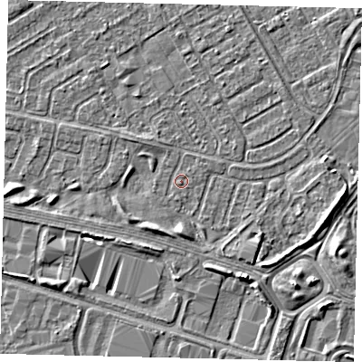 Shaded relief map of the ground around HU76DS, computed from Environment Agency LiDAR. The ground here sits at about 2 m above sea level and falls 3 m across the surrounding 800 m. Surface water reaching this point runs off ground lying to the east-south-east, 2.6 m higher.
