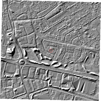 Shaded relief map of the ground around HU76DT, computed from Environment Agency LiDAR. The ground here sits at about 2 m above sea level and falls 4 m across the surrounding 800 m. Surface water reaching this point runs off ground lying to the south, 1.5 m higher.