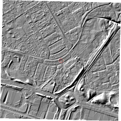 Shaded relief map of the ground around HU76DU, computed from Environment Agency LiDAR. The ground here sits at about 2 m above sea level and falls 6 m across the surrounding 800 m. Surface water reaching this point runs off ground lying to the south-east, 2.6 m higher.