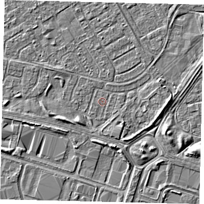 Shaded relief map of the ground around HU76DX, computed from Environment Agency LiDAR. The ground here sits at about 2 m above sea level and falls 3 m across the surrounding 800 m. Surface water reaching this point runs off ground lying to the east-south-east, 2.6 m higher.