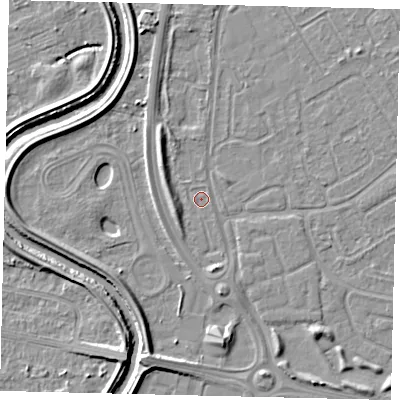 Shaded relief map of the ground around HU76DZ, computed from Environment Agency LiDAR. The ground here sits at about 2 m above sea level and falls 5 m across the surrounding 800 m. Surface water reaching this point runs off ground lying to the north-west, 2.9 m higher.