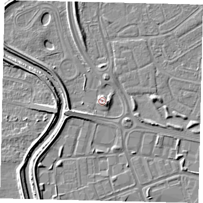 Shaded relief map of the ground around HU76EA, computed from Environment Agency LiDAR. The ground here sits at about 3 m above sea level and falls 5 m across the surrounding 800 m. Surface water reaching this point runs off ground lying to the east-south-east, 3.3 m higher.