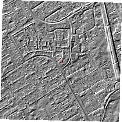 Shaded relief map of the ground around HU76ED, computed from Environment Agency LiDAR. The ground here sits at about 2 m above sea level and falls 2 m across the surrounding 800 m. Surface water reaching this point runs off ground lying to the east-north-east, 0.6 m higher.
