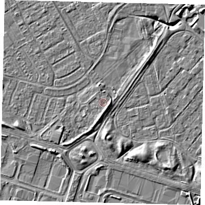 Shaded relief map of the ground around HU76EG, computed from Environment Agency LiDAR. The ground here sits at about 2 m above sea level and falls 6 m across the surrounding 800 m. Surface water reaching this point runs off ground lying to the south-east, 1.5 m higher.