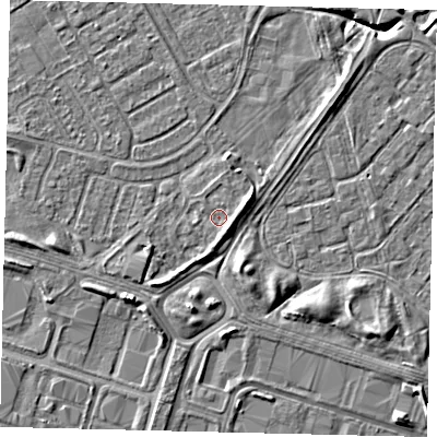 Shaded relief map of the ground around HU76EH, computed from Environment Agency LiDAR. The ground here sits at about 2 m above sea level and falls 6 m across the surrounding 800 m. Surface water reaching this point runs off ground lying to the south-south-east, 1.8 m higher.