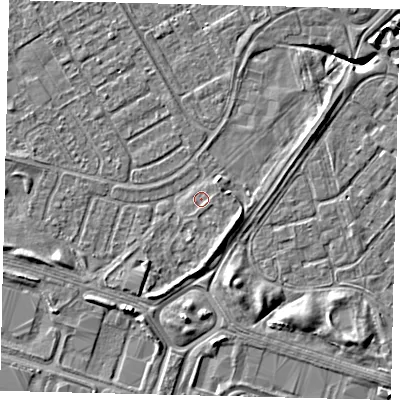 Shaded relief map of the ground around HU76EJ, computed from Environment Agency LiDAR. The ground here sits at about 2 m above sea level and falls 6 m across the surrounding 800 m. Surface water reaching this point runs off ground lying to the north-east, 1.0 m higher.