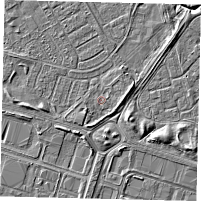 Shaded relief map of the ground around HU76EL, computed from Environment Agency LiDAR. The ground here sits at about 2 m above sea level and falls 6 m across the surrounding 800 m. Surface water reaching this point runs off ground lying to the east, 2.6 m higher.