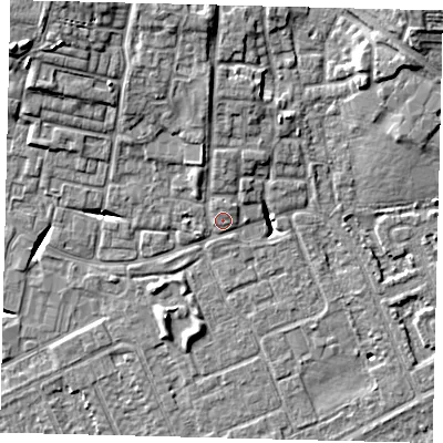 Shaded relief map of the ground around HU80AE, computed from Environment Agency LiDAR. The ground here sits at about 3 m above sea level and falls 11 m across the surrounding 800 m. Surface water reaching this point runs off ground lying to the north, 4.4 m higher.