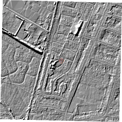 Shaded relief map of the ground around HU80AU, computed from Environment Agency LiDAR. The ground here sits at about 2 m above sea level and falls 5 m across the surrounding 800 m. Surface water reaching this point runs off ground lying to the west-south-west, 2.2 m higher.