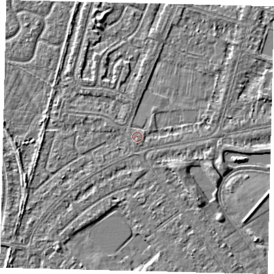 Shaded relief map of the ground around HU80EA, computed from Environment Agency LiDAR. The ground here sits at about 2 m above sea level and falls 3 m across the surrounding 800 m. Surface water reaching this point runs off ground lying to the east-north-east, 1.0 m higher.