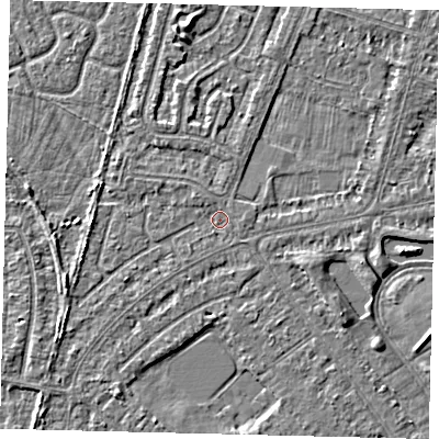 Shaded relief map of the ground around HU80EB, computed from Environment Agency LiDAR. The ground here sits at about 2 m above sea level and falls 3 m across the surrounding 800 m. Surface water reaching this point runs off ground lying to the west-south-west, 1.6 m higher.