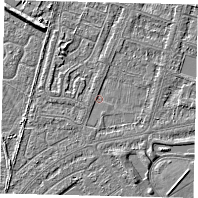 Shaded relief map of the ground around HU80EE, computed from Environment Agency LiDAR. The ground here sits at about 1 m above sea level and falls 5 m across the surrounding 800 m. Surface water reaching this point runs off ground lying to the north-north-west, 1.1 m higher.