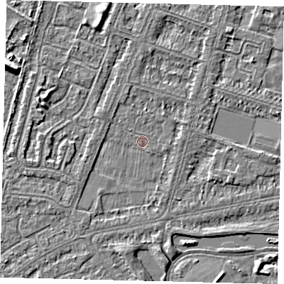 Shaded relief map of the ground around HU80EF, computed from Environment Agency LiDAR. The ground here sits at about 2 m above sea level and falls 5 m across the surrounding 800 m. Surface water reaching this point runs off ground lying to the south-west, 1.1 m higher.