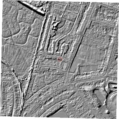 Shaded relief map of the ground around HU80EJ, computed from Environment Agency LiDAR. The ground here sits at about 2 m above sea level and falls 5 m across the surrounding 800 m. Surface water reaching this point runs off ground lying to the north-north-west, 1.1 m higher.