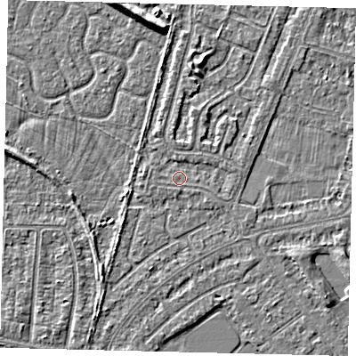 Shaded relief map of the ground around HU80EP, computed from Environment Agency LiDAR. The ground here sits at about 2 m above sea level and falls 5 m across the surrounding 800 m. Surface water reaching this point runs off ground lying to the north-north-east, 0.8 m higher.
