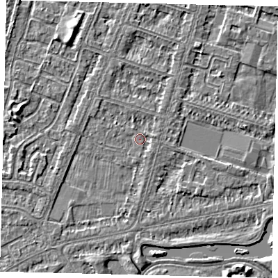 Shaded relief map of the ground around HU80EQ, computed from Environment Agency LiDAR. The ground here sits at about 2 m above sea level and falls 4 m across the surrounding 800 m. Surface water reaching this point runs off ground lying to the south-west, 1.1 m higher.