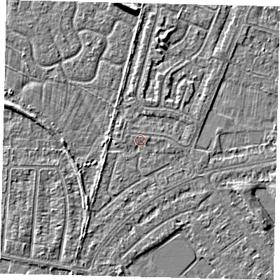 Shaded relief map of the ground around HU80ER, computed from Environment Agency LiDAR. The ground here sits at about 2 m above sea level and falls 5 m across the surrounding 800 m. Surface water reaching this point runs off ground lying to the south-west, 1.7 m higher.