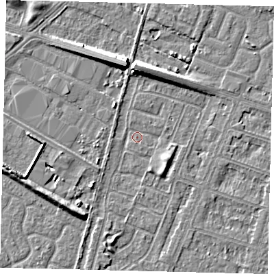 Shaded relief map of the ground around HU80EX, computed from Environment Agency LiDAR. The ground here sits at about 2 m above sea level and falls 8 m across the surrounding 800 m. Surface water reaching this point runs off ground lying to the south-west, 2.3 m higher.
