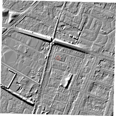Shaded relief map of the ground around HU80EY, computed from Environment Agency LiDAR. The ground here sits at about 2 m above sea level and falls 8 m across the surrounding 800 m. Surface water reaching this point runs off ground lying to the south-south-west, 2.3 m higher.