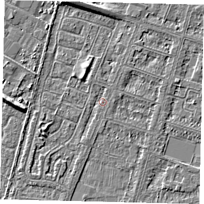 Shaded relief map of the ground around HU80HE, computed from Environment Agency LiDAR. The ground here sits at about 2 m above sea level and falls 7 m across the surrounding 800 m. Surface water reaching this point runs off ground lying to the north-north-west, 3.0 m higher.