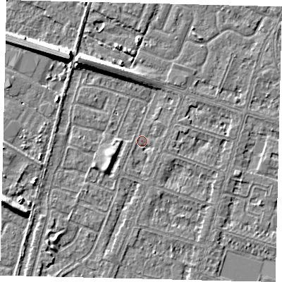 Shaded relief map of the ground around HU80HH, computed from Environment Agency LiDAR. The ground here sits at about 2 m above sea level and falls 8 m across the surrounding 800 m. Surface water reaching this point runs off ground lying to the south-west, 1.3 m higher.