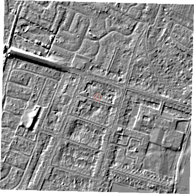 Shaded relief map of the ground around HU80HR, computed from Environment Agency LiDAR. The ground here sits at about 2 m above sea level and falls 8 m across the surrounding 800 m. Surface water reaching this point runs off ground lying to the west-south-west, 1.4 m higher.
