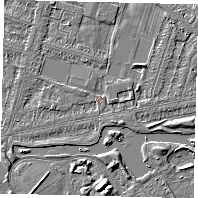 Shaded relief map of the ground around HU80JB, computed from Environment Agency LiDAR. The ground here sits at about 2 m above sea level and falls 5 m across the surrounding 800 m. Surface water reaching this point runs off ground lying to the south-east, 1.7 m higher.