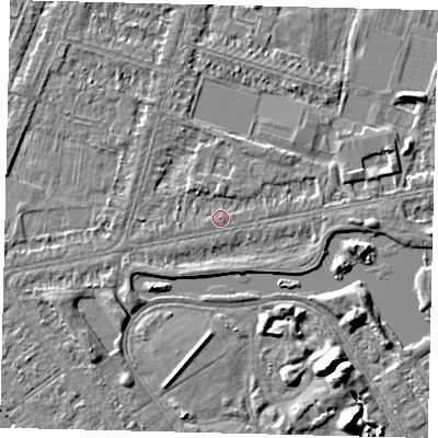 Shaded relief map of the ground around HU80JE, computed from Environment Agency LiDAR. The ground here sits at about 2 m above sea level and falls 7 m across the surrounding 800 m. Surface water reaching this point runs off ground lying to the south-west, 1.4 m higher.