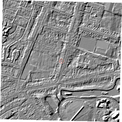 Shaded relief map of the ground around HU80JG, computed from Environment Agency LiDAR. The ground here sits at about 2 m above sea level and falls 5 m across the surrounding 800 m. Surface water reaching this point runs off ground lying to the south-south-west, 1.0 m higher.