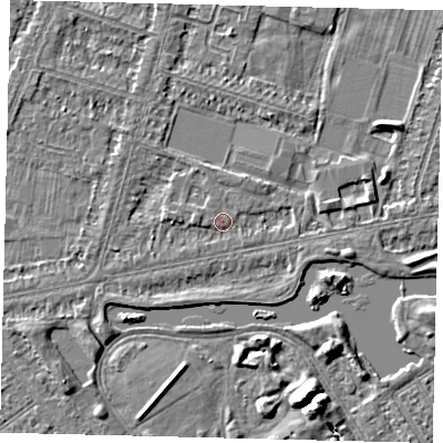 Shaded relief map of the ground around HU80JH, computed from Environment Agency LiDAR. The ground here sits at about 2 m above sea level and falls 5 m across the surrounding 800 m. Surface water reaching this point runs off ground lying to the south-west, 1.5 m higher.