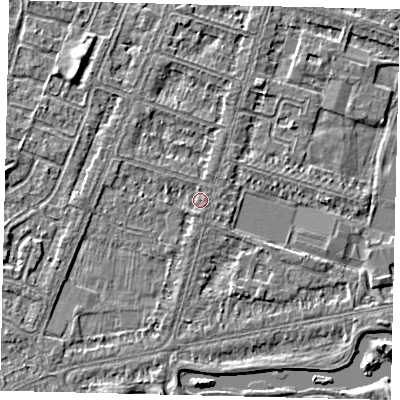 Shaded relief map of the ground around HU80JJ, computed from Environment Agency LiDAR. The ground here sits at about 2 m above sea level and falls 3 m across the surrounding 800 m. Surface water reaching this point runs off ground lying to the south-west, 1.1 m higher.
