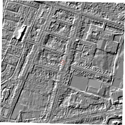 Shaded relief map of the ground around HU80JL, computed from Environment Agency LiDAR. The ground here sits at about 2 m above sea level and falls 3 m across the surrounding 800 m. Surface water reaching this point runs off ground lying to the west-north-west, 1.2 m higher.