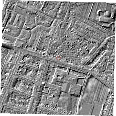 Shaded relief map of the ground around HU80JS, computed from Environment Agency LiDAR. The ground here sits at about 2 m above sea level and falls 6 m across the surrounding 800 m. Surface water reaching this point runs off ground lying to the north-north-east, 1.2 m higher.